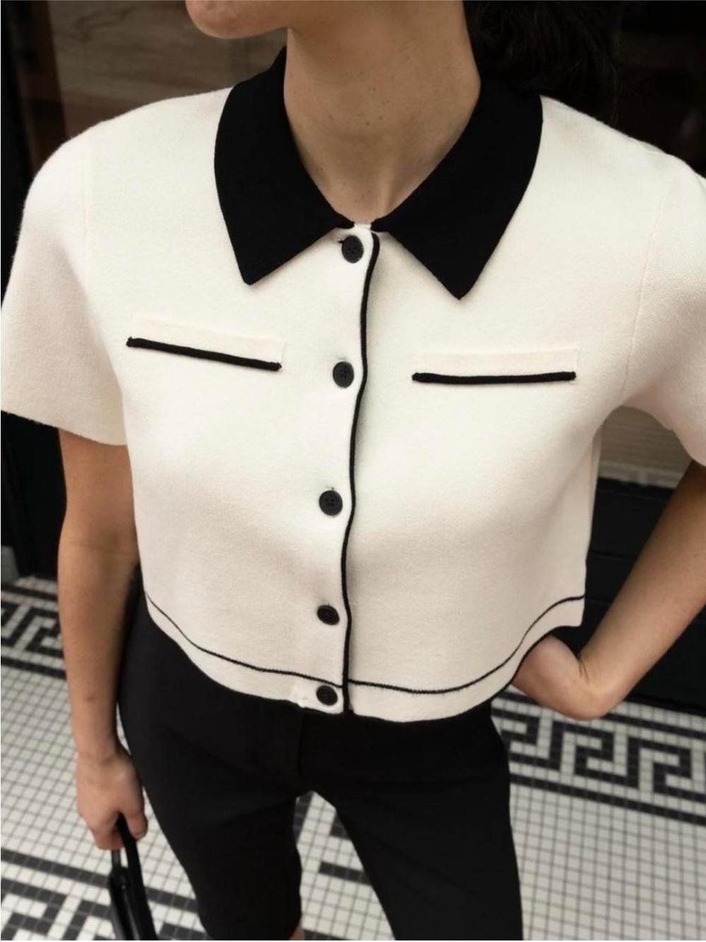 OAK + FORT Black and White Short Sleeve Collared Shirt